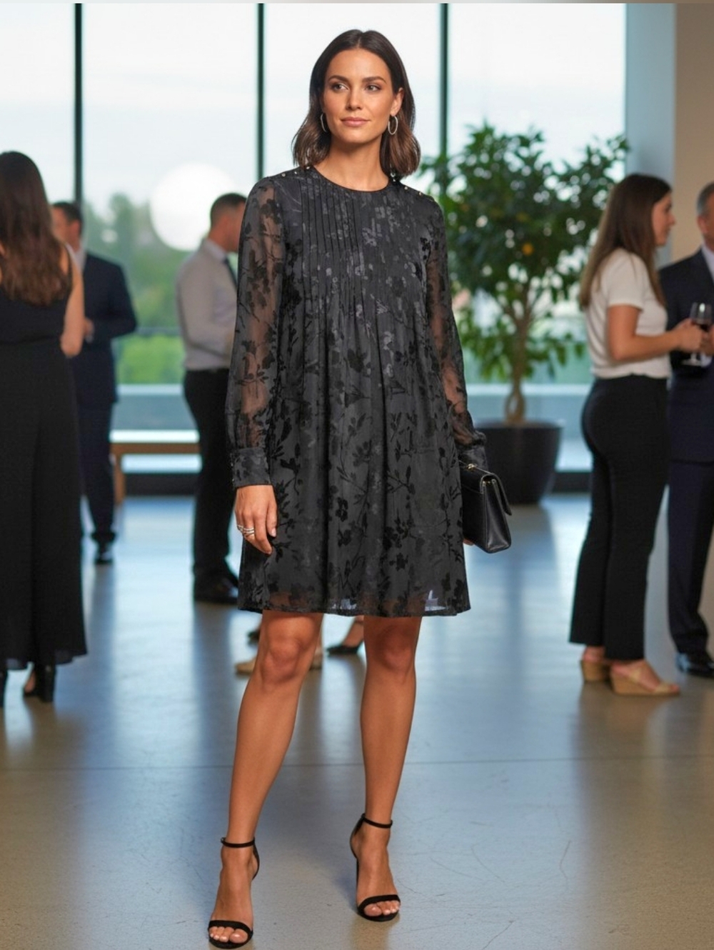 rag & bone Black Silk Blend Textured Dress Long Sleeve Pleated Size M Elegant